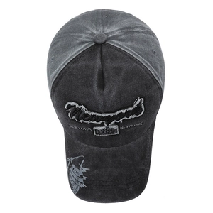 Vintage washed charcoal baseball cap with New York 1985 embroidery on white background