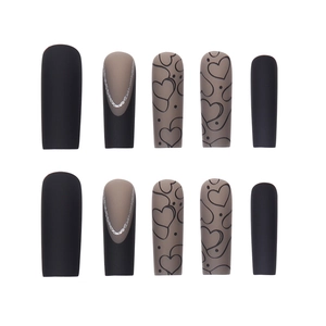 Matte black and silver french tip long coffin press on nails with heart pattern