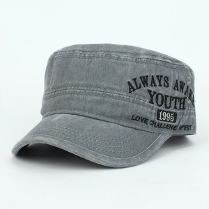 Detailed side view of grey cotton cadet cap with vintage black text embroidery