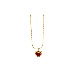 Golden titanium necklace featuring a deep red heart pendant on a delicate O-chain