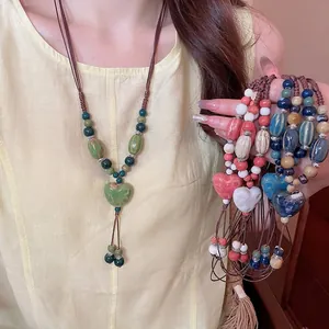 Collier Pendentif Cœur En Céramique Style Ethnique Rétro Cordon Tressé Main Chaîne Clavicule Perles Accessoire Femmes