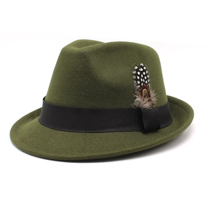 Classic olive green wool fedora hat with black ribbon and decorative feather detail