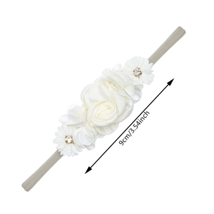 Infant nylon headband with 9cm white silk rose flower cluster and rhinestone accents