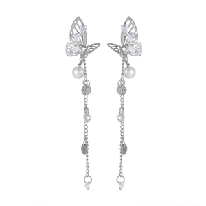 Elegant butterfly tassel long earrings with S925 silver needles and pearl zircon accents