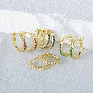 S925 sterling silver gold hoop earrings set with colorful zircon stones on stone base