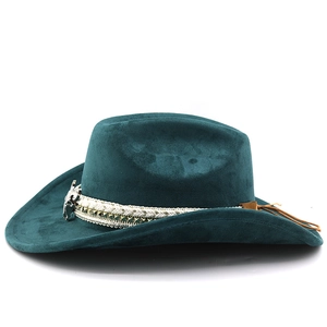 Detail of dark green suede cowboy hat featuring white woven band and metal bull head stud