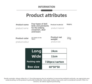 Detailed product size chart for fabric Christmas bell pendants with character designs