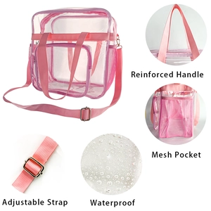 Detailansicht der pinkfarbenen PVC-Reisetasche mit Griffen und seitlicher Netz-Tasche
