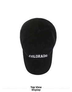 Top-down view of black cotton baseball cap with white COLORADO embroidery detail