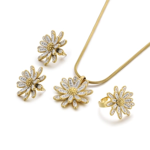 Elegant gold daisy jewelry set with necklace earrings and ring on white background