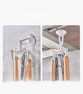 Dual-mode kitchen storage with 360-degree rotating six-prong hooks for wall or cabinet mounting