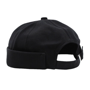 Retro black cotton docker hat with six-panel construction and metal adjustment strap