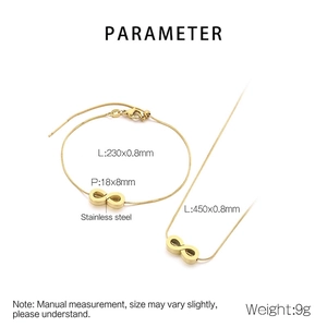 Detail of stainless steel infinity necklace and bracelet set with size specifications