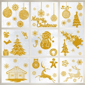 Sparkling gold glitter Santa Claus window stickers with reindeer and snowman for Xmas decor