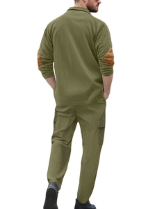Rear view of men's olive green corduroy casual set with brown elbow patches