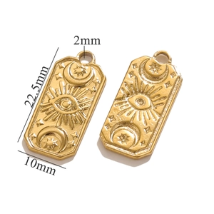 Stainless steel 18K gold tarot sun pendant showing 22.5x10mm size and 2mm hole