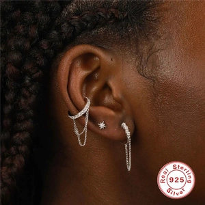 S925 sterling silver ear cuff set with layered tassel chains and sparkling zirconia