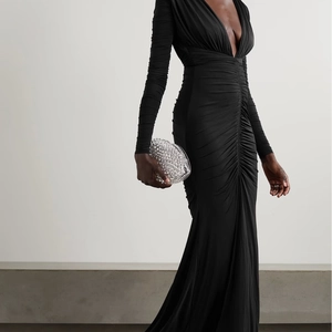 Vestito Lungo Sexy Con Scollo A V Maniche Lunghe Arricciato Schiena Scoperta Spacco Sirena Sera