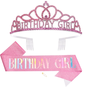 Detailed set of pink glitter sash and silver rhinestone Birthday Girl princess crown