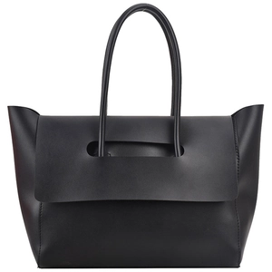 Classic black matte leather tote bag with unique perforated handles for office commuting