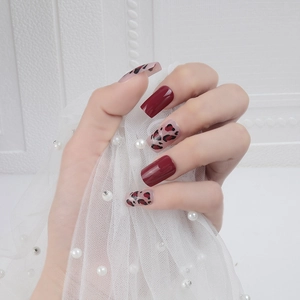 Burgundy Wine Red And Leopard Print Press On Nails Glossy Waterproof Removable Fake Nails For Women Wedding Party