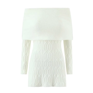 White off-shoulder long sleeve knit dress with textured diamond pattern weave