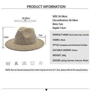 Classic wool fedora jazz hat with 7cm brim, 56-58cm circumference size chart guide