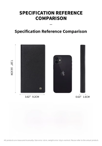 Business long wallet size chart in cross-grain finish with iPhone for dimension reference
