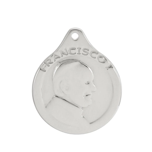 Detail shot of a silver teardrop pendant with relief portrait and Francisco engraving