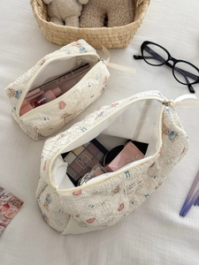 Quilted cream cosmetic bags with cute rabbit print and large capacity storage set