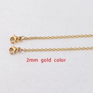 Detail view of 2mm gold stainless steel square link chain with secure lobster clasp