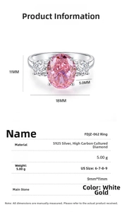 Detailed spec sheet showing a 9x11mm pink oval carbon diamond ring in S925 silver