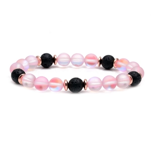 Bracciale in pietra occhio di gatto rosa e pietra lavica nera con accenti oro rosa