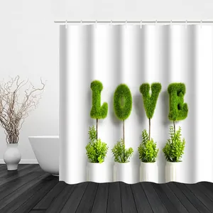 Detalle de cortina de ducha de poliéster impermeable con diseño de planta LOVE verde
