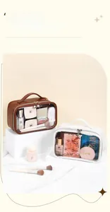 Vista dettagliata delle borse da toilette in PVC trasparente con finiture in pelle