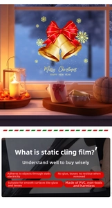 Close-up of golden Christmas bells static window sticker with red ribbon and Merry Christmas text