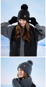 Close-up of winter knit beanie scarf and gloves set with sequin details and fur pompom