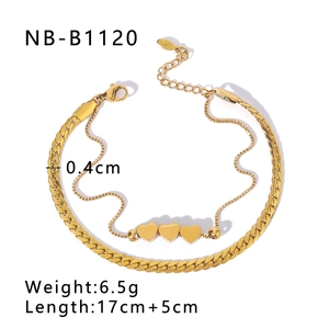 Minimalist double-layer gold titanium steel bracelet with flat snake chain and hearts