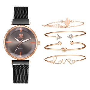 Set orologio donna 5 pezzi al quarzo con cinturino magnetico nero e bracciali oro rosa