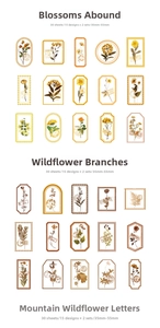 Detail of 30pcs vintage flower PET stickers featuring retro plant designs and stamps