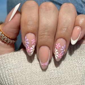 Unghie Finte French Tip A Mandorla 3D Margherita Floreale Fiocco Rosa Bianco Unghie Artificiali Per Donna Plastica ABS