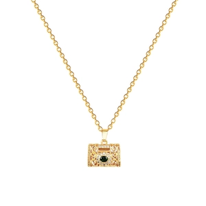 Vintage camera pendant necklace in gold stainless steel with green gemstone and diamonds