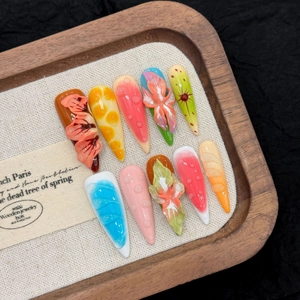 Handmade 3D Floral Tropical Summer Style Press On Nails Gradient Multi-color Stiletto Fake Nails With Relief Water Drop Design