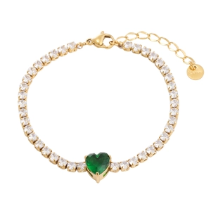 Elegant 18K gold-plated stainless steel bracelet with green heart zircon and white stones