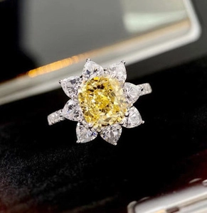 Macro shot of an elegant sunflower ring with yellow oval stone and teardrop side gems
