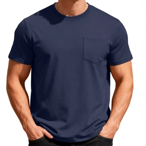 Men's navy blue waffle knit t-shirt with crew neck and pocket in a loose casual fit