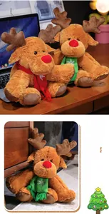 Detail of plush Christmas reindeer toy with festive snowflake scarf in a home setting