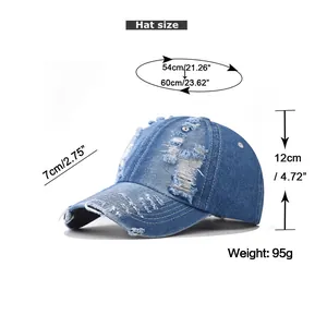 Size chart showing head circumference and dimensions for the distressed denim baseball cap