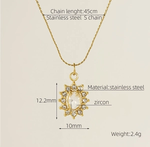 Detailed dimensions of gold sunflower necklace with zircon inlay and stainless steel chain