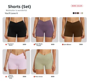 Detail view of high waist yoga shorts featuring a stylish cross V-waistband in five colors